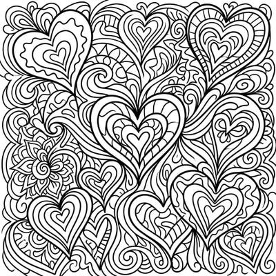 Immerse yourself in a hypnotic world of love with this intricate psychedelic hearts coloring page. Experience the joy of bringing vibrant life to swirling patterns and interconnected heart designs.