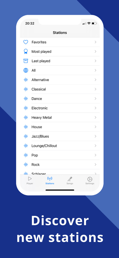 The station discovery menu of the Web Tuner app showing various music genres like Jazz, Rock, and Pop on an iPhone.