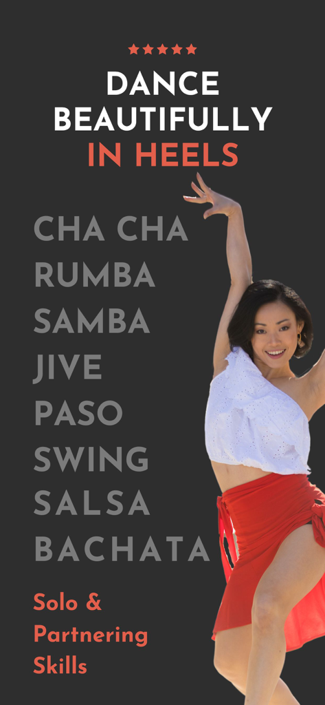 Hips+Heels: Latin Dance Basics - Marketing graphic for Hips and Heels app listing Latin dance styles including Salsa Bachata and Cha Cha