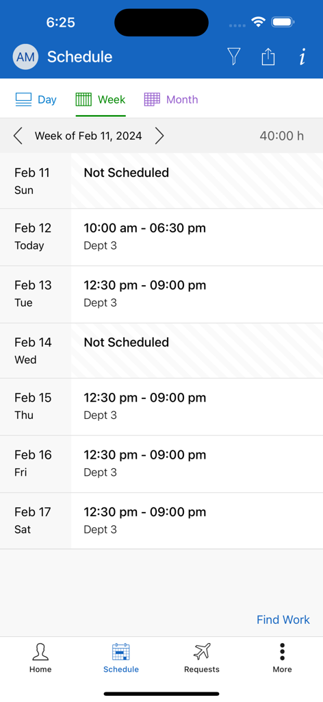 ESS 45 Zebra - A mobile interface of the ESS 45 Zebra app showing a weekly work schedule with assigned shift times and total hours