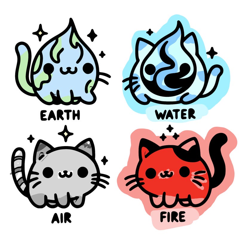 4 cats that represent the different elements, earth, water, air, and fire