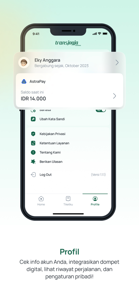 Trans Jogja - Trans Jogja app user profile screen showing AstraPay digital wallet integration and account settings