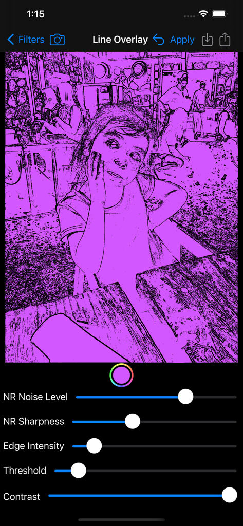 Interface do filtro de Sobreposição de Linha mostrando controles deslizantes de edição de fotos e um efeito de esboço roxo