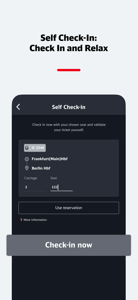 DB Navigator app screen showing the self check-in feature for a train trip from Frankfurt to Berlin