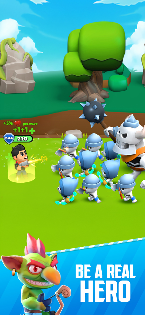 Cannon Heroes X - A hero character shooting at a group of skeleton enemies and a large boss in a green field