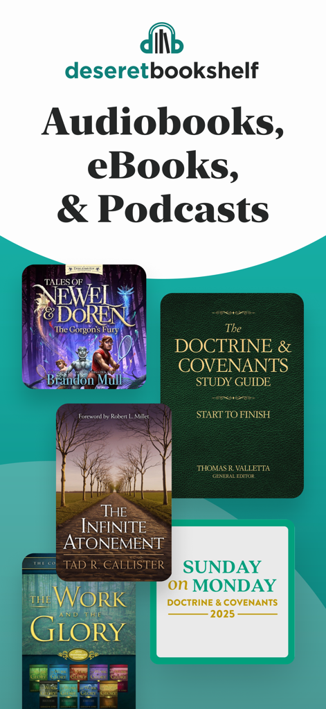 Deseret Bookshelf app promotional screen displaying a collection of LDS audiobooks and eBooks.