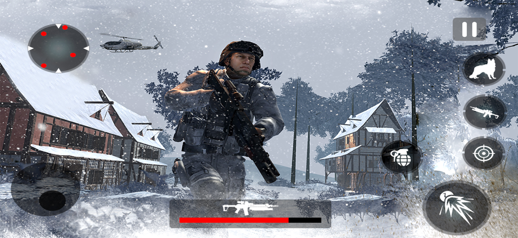 Third person view of a soldier in winter gear during a mission in Call of Sniper War Game