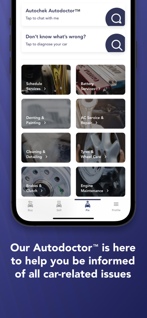 Autochek - Interfaccia dell'app Autochek che mostra servizi di riparazione auto inclusi manutenzione del motore, servizi batteria e riparazione aria condizionata