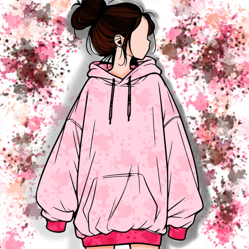 realistic girl with a oversized sweatshirt on and a bun