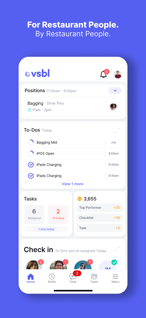 VSBL app home screen showing restaurant shift positions, to-do lists, and task management.