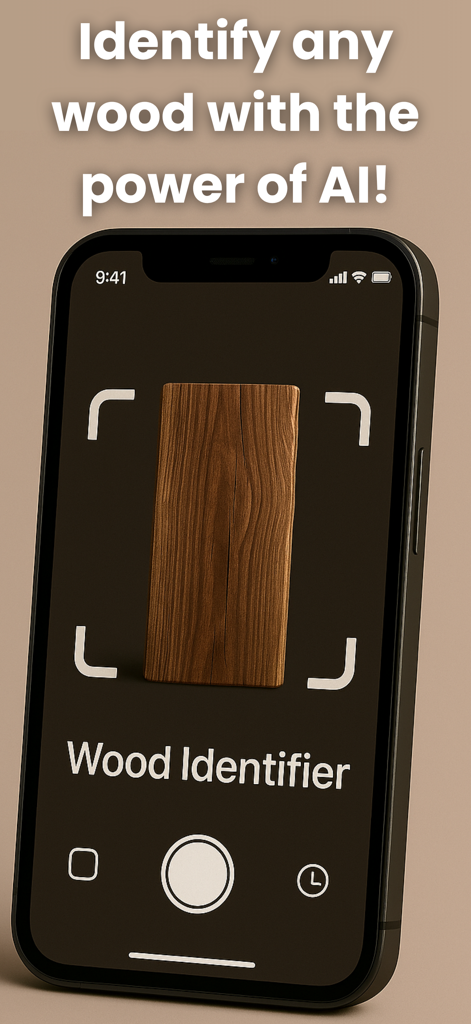 Smartphone displaying the Wood Identifier app scanning a wood plank using AI