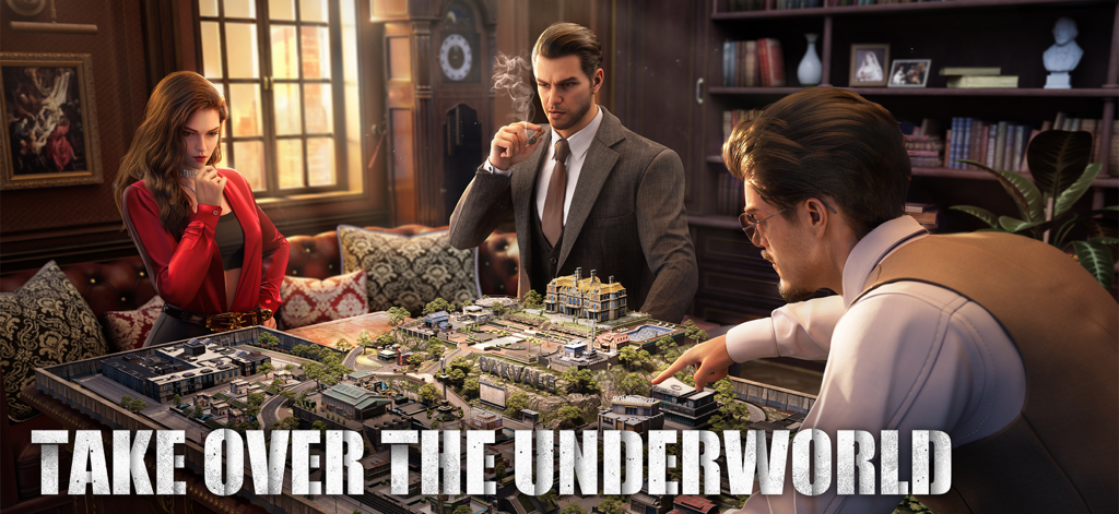 Personajes de la mafia planeando la toma de una ciudad alrededor de una maqueta 3D