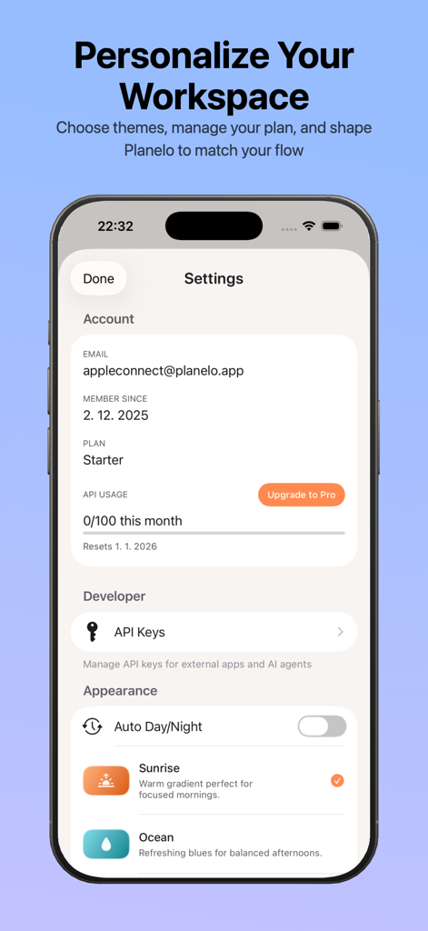 Planelo app settings interface for managing account themes and developer API keys