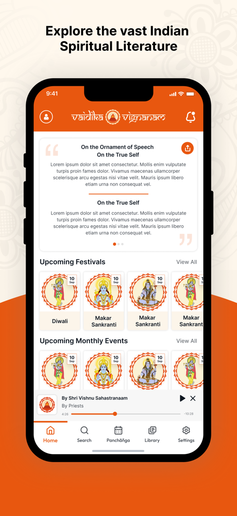 The home screen of the Vignanam app displaying Indian spiritual quotes and upcoming festivals like Diwali