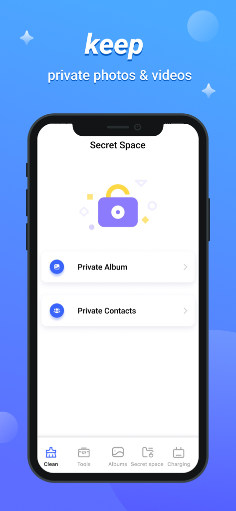 Powerful Cleaner-Clean Storage - Screenshot der Funktion 'Secret Space' in der Powerful Cleaner App zur Verwaltung privater Fotos und Kontakte