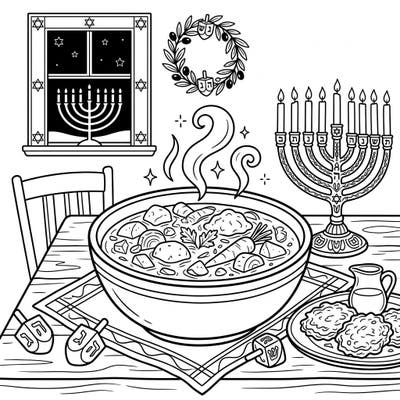 Immerse yourself in the festive spirit of Hanukkah with this heartwarming coloring page. It features a delicious bowl of steaming soup or stew amidst traditional decorations, ready for your creative touch.
