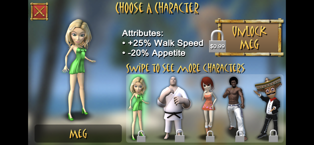 Stranded Without A Phone! - Character selection screen showing survival attributes for the character Meg in Stranded Without A Phone.