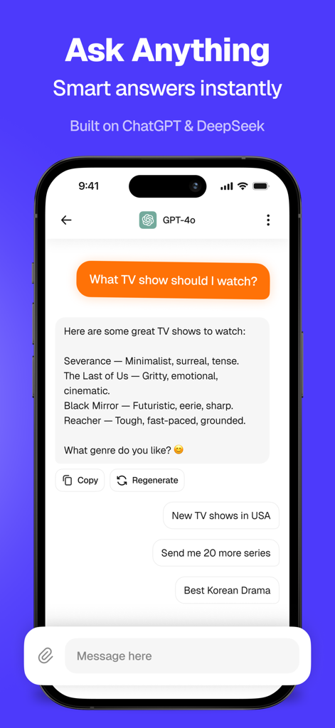 Overchat: Ask AI & Chat - Overchat mobile app interface showing an AI chat conversation with GPT-4o providing TV show recommendations.