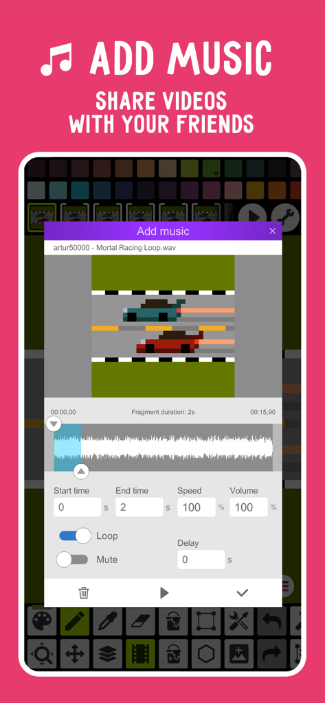 Pixel Studio PRO for pixel art - Benutzeroberfläche, die die Funktion zum Hinzufügen von Musik für eine Pixel-Art-Autorennen-Animation in Pixel Studio PRO zeigt