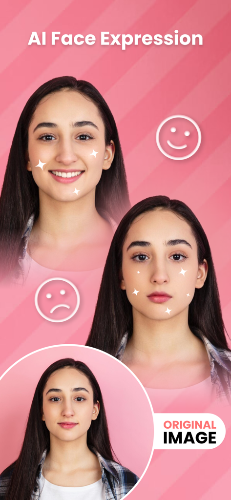 AI Bald Camera Photo Editor - Une démonstration des filtres d'expression faciale IA montrant des expressions originales, heureuses et tristes sur un portrait