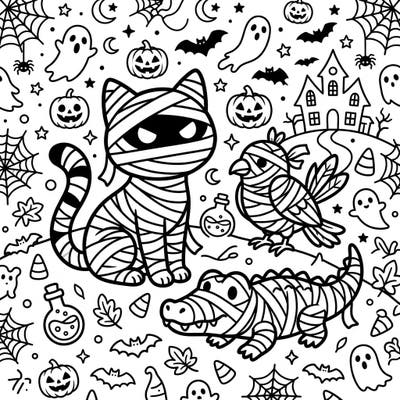 Dive into a boo-tiful Halloween adventure with this charming coloring page featuring adorable mummified animals. A cute mummy cat, bird, and crocodile are surrounded by classic spooky-fun elements, perfect for celebrating the season.