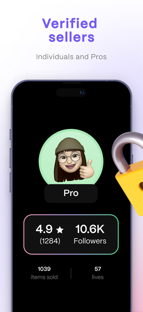 Voggt - Live shopping vidéo - 評価とセキュリティロックアイコンを備えた確認済みのプロセラープロファイルを表示するVoggtモバイルアプリインターフェース。