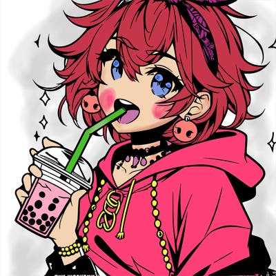 hot baddie anime girl drinking boba and biting the straw