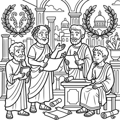 Ignite young minds with this captivating Roman Philosophers coloring page, specially designed for kids aged 4-8. Dive into ancient history as you bring these wise figures and their Roman world to life with vibrant colors.