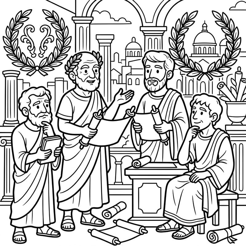 Ignite young minds with this captivating Roman Philosophers coloring page, specially designed for kids aged 4-8. Dive into ancient history as you bring these wise figures and their Roman world to life with vibrant colors.