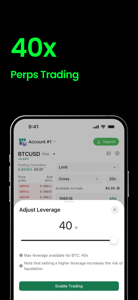 OneKey:Crypto & Bitcoin Wallet - OneKey wallet app screen showing 40x leverage adjustment for perpetual futures trading