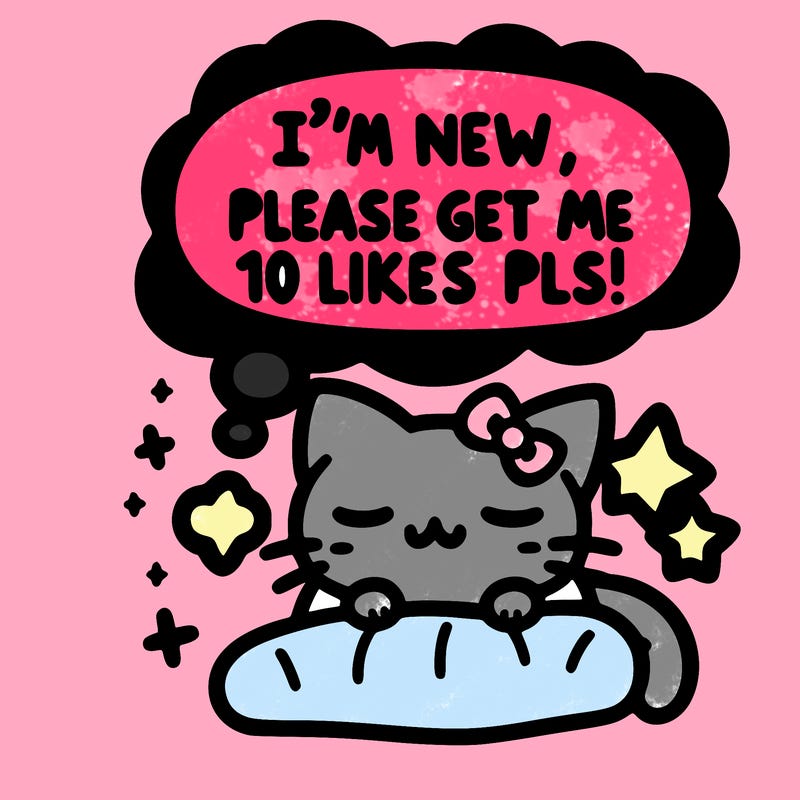 kitty taking a nap dream talking and saying "i'm new, please get me at least 10 likes pls!!"