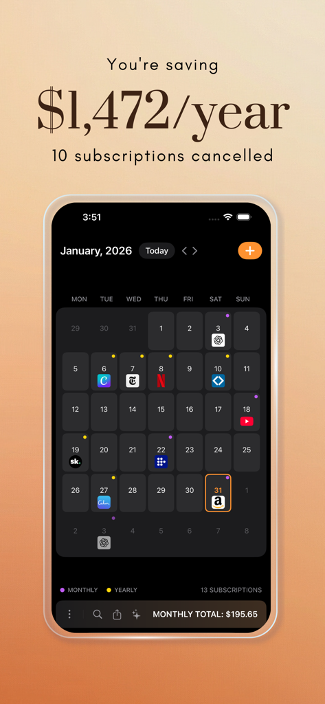 Subcut: Subscription Tracker - Subcut app interface showing a monthly subscription calendar and annual savings summary.