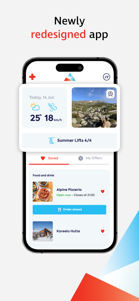 Screenshot of the redesigned Thredbo Resort app showing weather, lift status, and food ordering options.