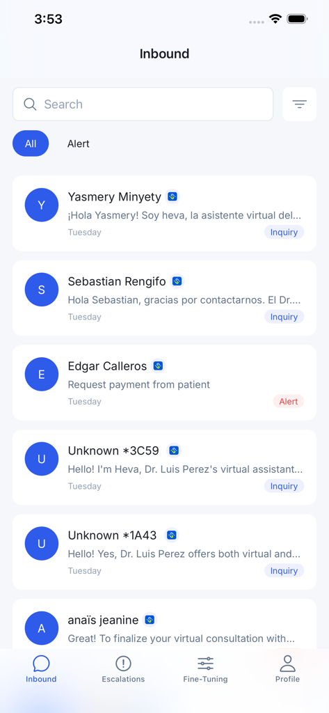 heva Provider - Healthcare provider app interface showing a list of inbound patient inquiries