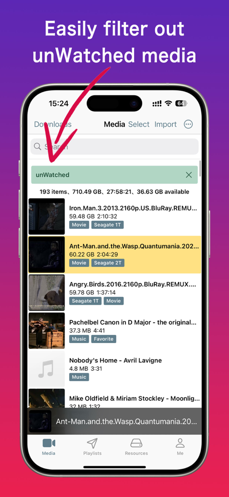 Media Pro App-Oberfläche, die den Filter für ungesehene Medien auf einer Video- und Musikbibliothek anzeigt