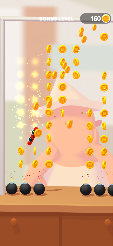 Sausage character collecting gold coins in a bonus level of the physics puzzle game Fork N Sausage.