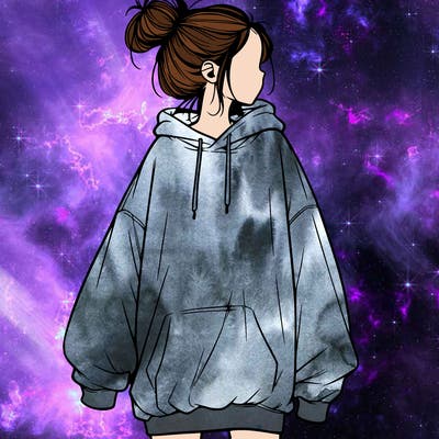 realistic girl with a oversized sweatshirt on and a bun