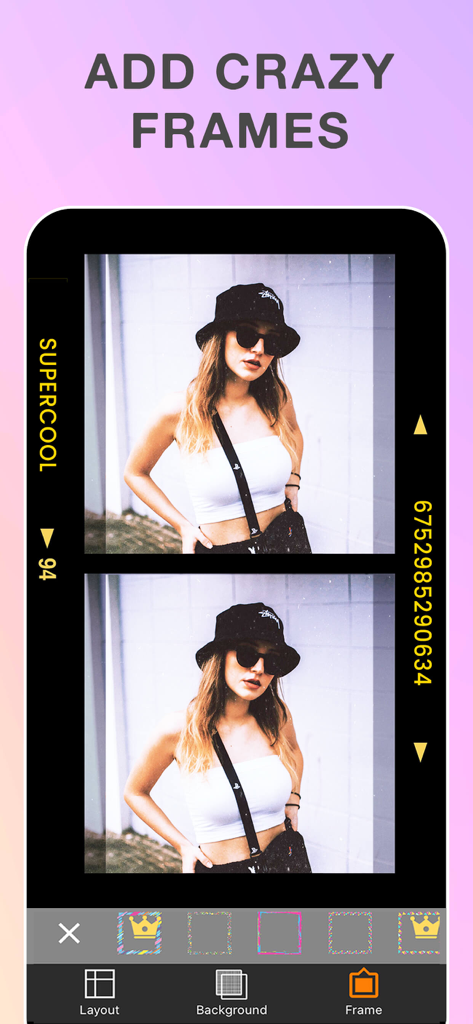 写真編集用のクリエイティブなフィルムストリップフレームが表示されているPhoto Collageアプリのインターフェイス。