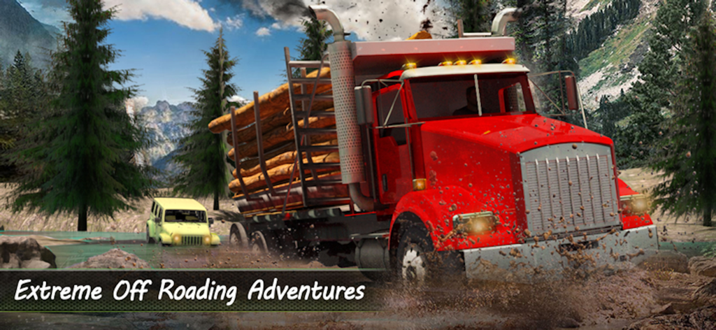 Offroad Mud Truck Driver - Un camión de carga rojo transportando troncos por una pista todoterreno embarrada en un bosque de montaña