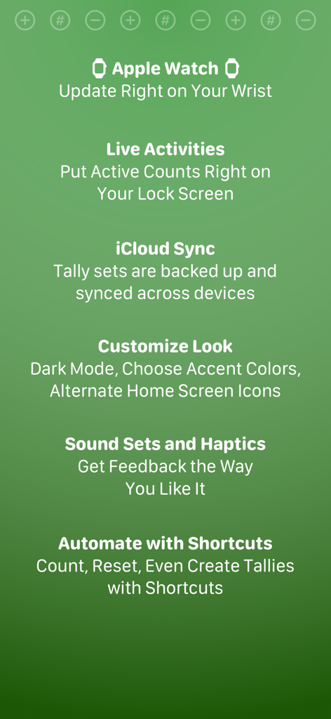 A list of features for the Tally Quick Counter app including Apple Watch support Live Activities iCloud Sync and Shortcuts automation