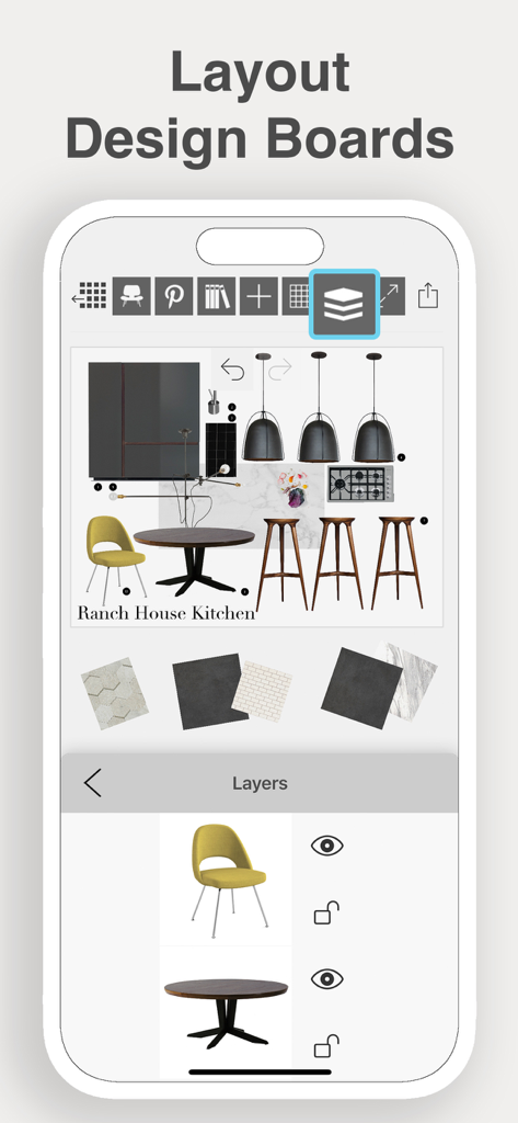 Morpholio Board - Moodboard - Morpholio Board app interface showing a kitchen moodboard and design layers panel