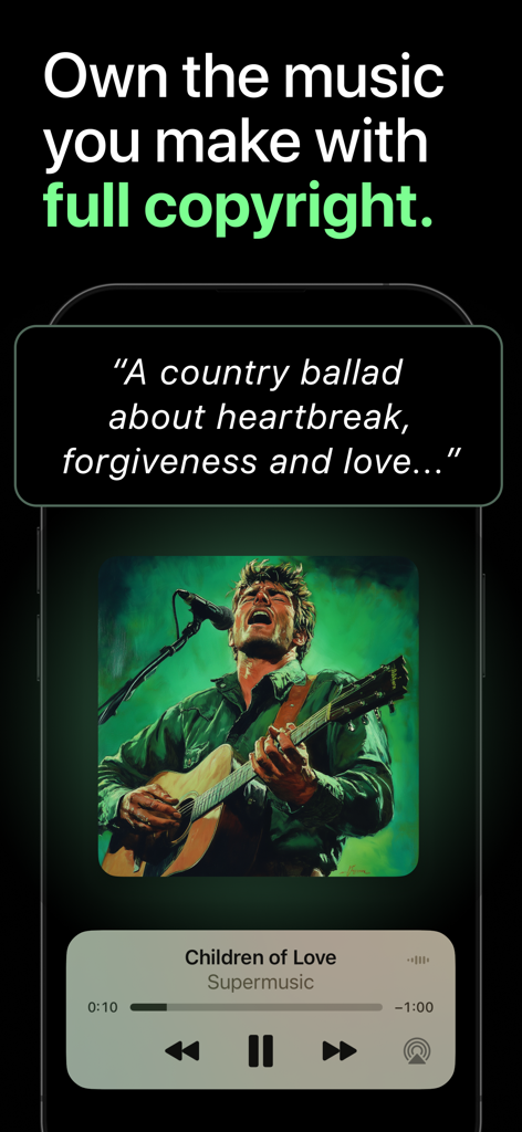 テキストプロンプトからAI生成された音楽と、完全な著作権所有権通知を表示するスマートフォンの画面