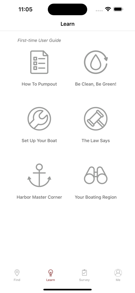 Pumpout Nav - Educational resource icons in the Pumpout Nav app for boaters to learn about pumpouts and regulations