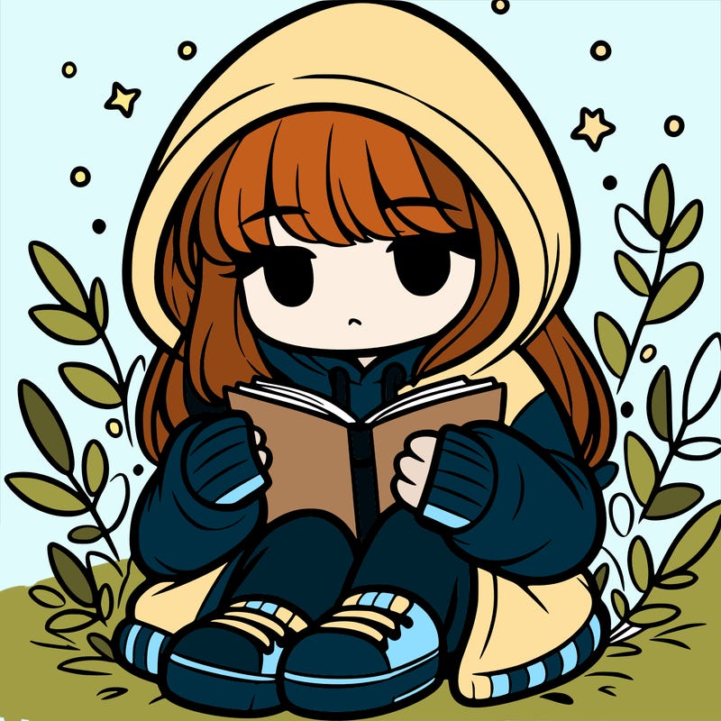 girl in oversized hoodie reading a book