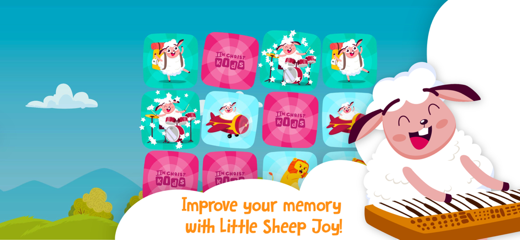The Little Sheep Joy - A colorful memory matching game screen for children featuring Joy the sheep