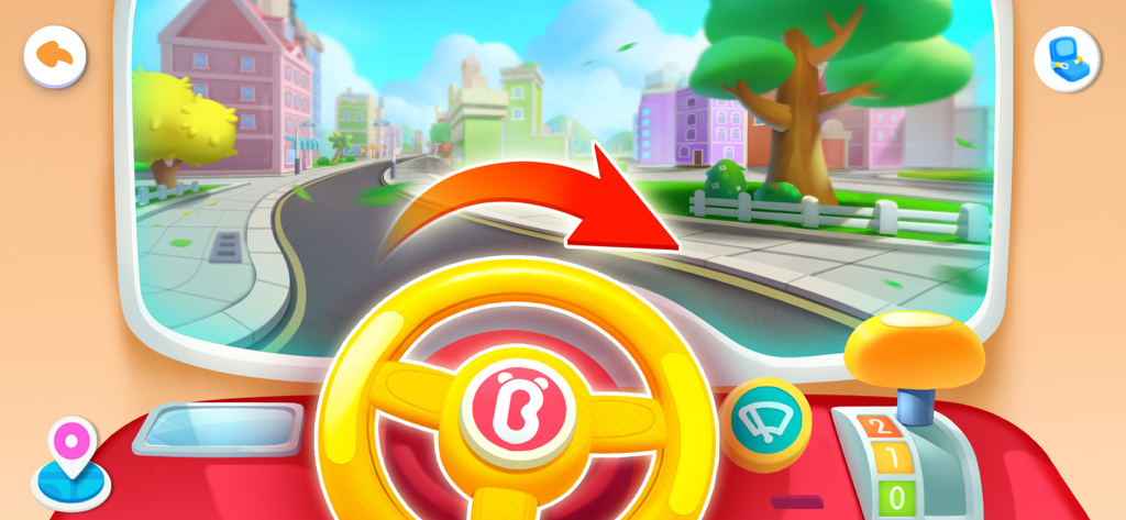 Baby Panda's House Games - Eine 3D-Fahrsimulationsszene in Baby Panda House Games mit einem gelben Lenkrad und einem Cartoon-Stadtbild