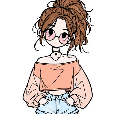 girl with a messy ponytail glasses a baggy crop top and jean shorts