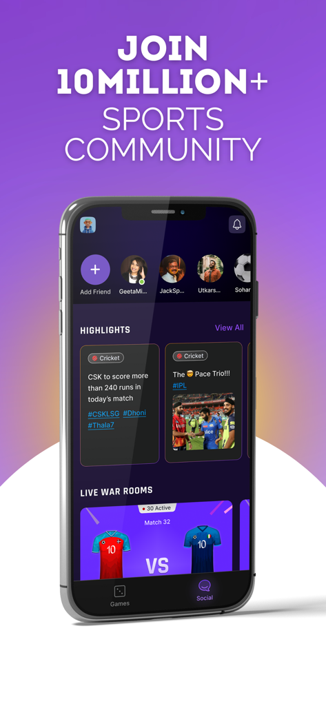 BeBetta: Join Sports Community - BeBetta sports community app interface showing live match highlights and war rooms