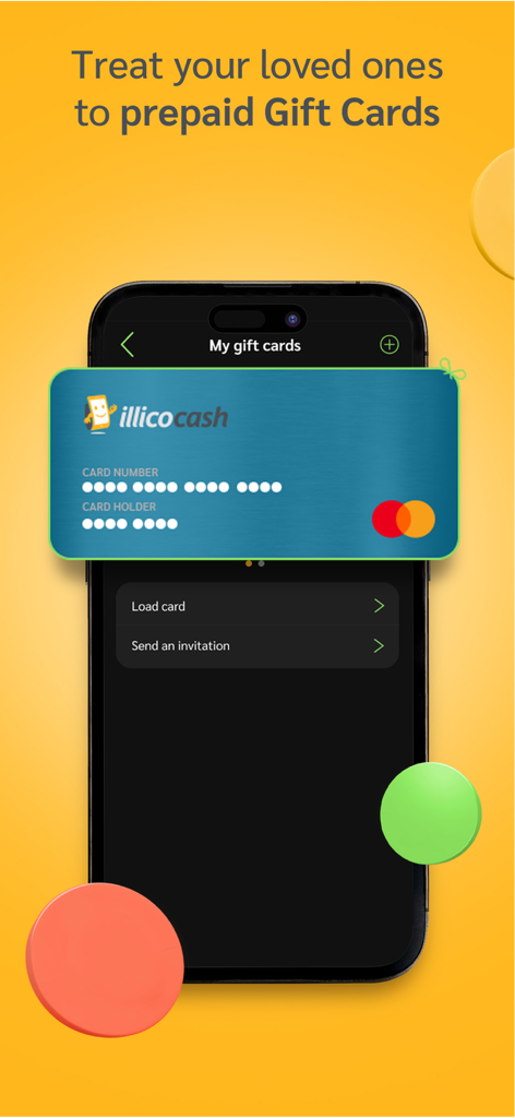 illicocash - Smartphone screen of illicocash app featuring prepaid gift cards for family and friends