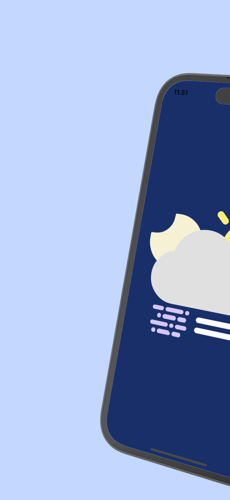 Weather Wear - Un primer plano de la pantalla de un teléfono inteligente que muestra la interfaz minimalista de la aplicación Weather Wear con un icono de nube y luna